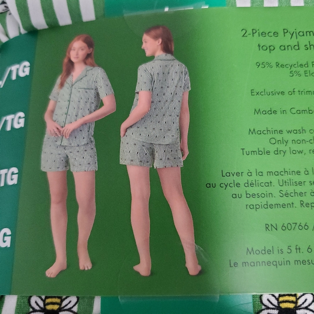 Kate Spade 2 Pieces Green Striped Pajama Set with Bee Design - Picture 3 of 3